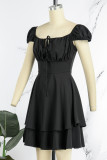 Black Casual Solid Patchwork Frenulum Square Collar A Line Dresses