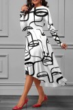 Witte casual print patchwork jurken met O-hals en lange mouwen