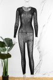 Black Sexy Casual Solid See-through O Neck Skinny Jumpsuits