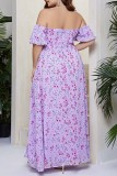 Фиолетовое повседневное длинное платье с открытой спиной и открытыми плечами с принтом Платья больших размеров
