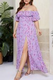 Paarse casual print backless split off-shoulder lange jurk plus size jurken