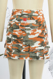 Orange Casual Camouflage Print Patchwork Slit Skinny High Waist Konventionell Patchwork-kjol