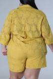 Col de chemise patchwork uni décontracté jaune grande taille deux pièces