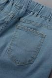 Short en jean taille haute patchwork déchiré imprimé rue bleu clair