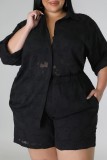Colletto della camicia patchwork solido casual nero Plus Size Due pezzi