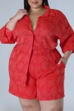 Red Casual Solid Patchwork Shirt Collar Plus Size Two Pieces