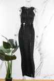 Vestidos longos pretos sexy casuais lisos com decote oco