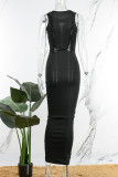 Robe longue noire sexy décontractée solide évidée à col rond