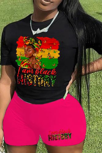 Black Rose Red Street Print Patchwork O Neck Plus Size Two Pieces