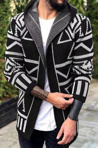 Black Casual Patchwork Cardigan Hooded Collar Outerwear