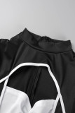 黒のセクシーなパッチワーク包帯くり抜きコントラスト タートルネック スキニー ロンパース