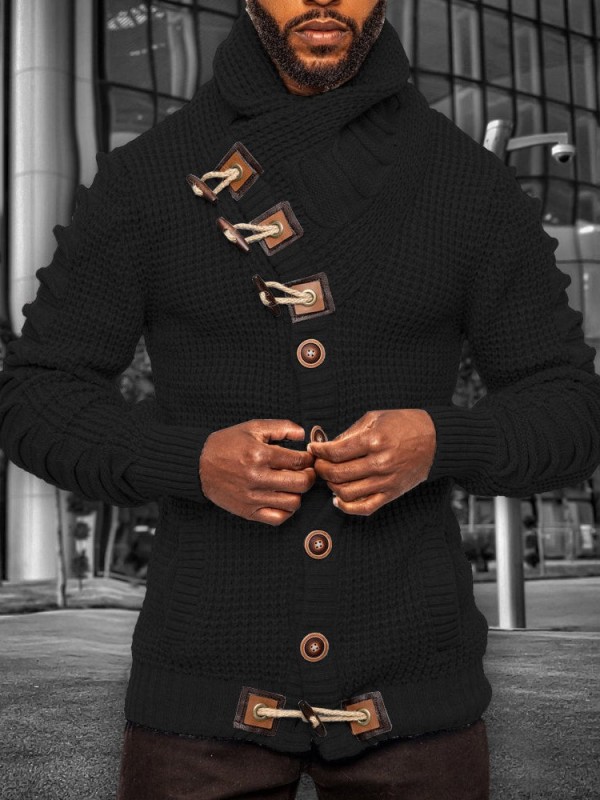 Prendas de abrigo de cuello alto con botones de retazos sólidos casuales negros