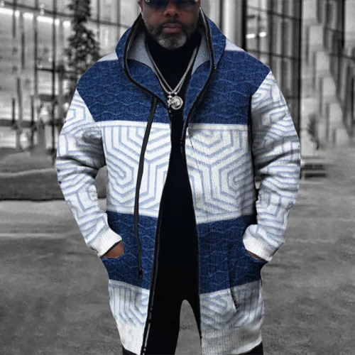 Vêtement d'extérieur décontracté imprimé patchwork cardigan col à capuche bleu