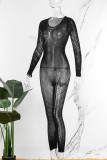 Macacões skinny preto sexy casual sólido transparente com decote em O