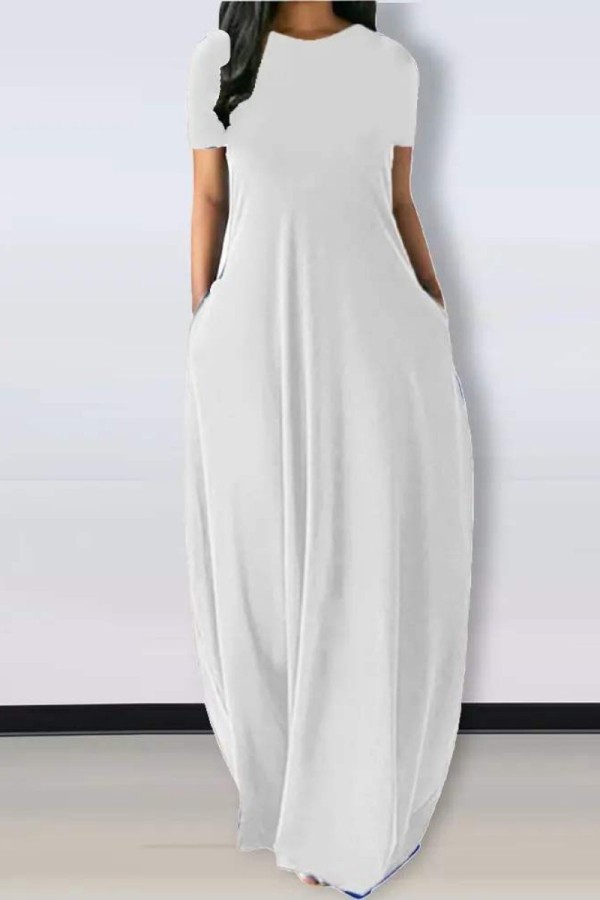 ホワイト カジュアル ソリッド ベーシック O ネック 半袖 ドレス ドレス