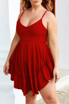 Красное сексуальное повседневное однотонное платье без рукавов на тонких бретелях Платья больших размеров