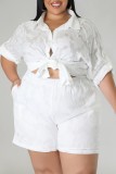 Col de chemise patchwork uni décontracté blanc grande taille deux pièces