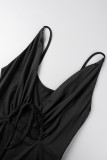 Черное сексуальное сплошное выдолбленное платье в стиле пэчворк с оборками на тонких бретелях