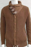 Brown Casual Solid Patchwork Buttons Turtleneck Outerwear
