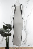 Серое сексуальное повседневное однотонное длинное платье в стиле пэчворк с разрезом и круглым вырезом Платья