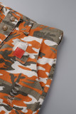 Saia de patchwork casual com estampa de camuflagem laranja cintura alta skinny cintura alta convencional patchwork