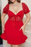 Rotes sexy solides Patchwork-Kleid mit V-Ausschnitt und kurzen Ärmeln in Übergröße
