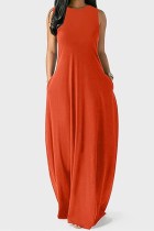 Orangefarbenes, lässiges, solides, einfaches, langes Kleid mit O-Ausschnitt