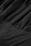 ブラック カジュアル ソリッド パッチワーク 小帯 スクエア カラー A ライン ドレス