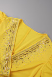 Vestito da sera caldo del collo a V della fessura di perforazione della rappezzatura convenzionale sexy gialla