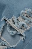 Hellblaue, zerrissene Patchwork-Jeansshorts mit Street-Print und hoher Taille