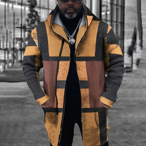 Yellow Casual Geometric Patchwork Hooded Collar Outerwear