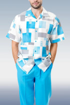 Traje de baño de manga corta con estampado de bloque de color en contraste azul claro de dos piezas