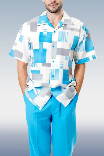 Estampa de manga curta em bloco de cor contrastante em azul claro caminha duas peças