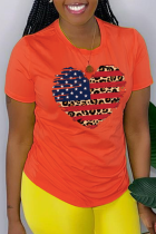 Camisetas con cuello en O de patchwork con estampado diario casual naranja