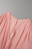 Roze casual effen patchwork lange jurk met V-hals