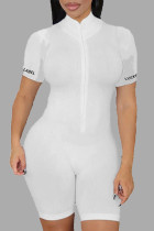 Pagliaccetti skinny bianchi casual da strada con lettera di abbigliamento sportivo con cerniera solida e colletto con cerniera
