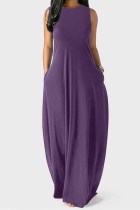 Пурпурное повседневное однотонное базовое длинное платье с круглым вырезом Платья