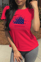 Camisetas con cuello en O de patchwork con estampado de simplicidad de calle rojo