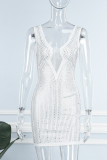 Vestido sin mangas con cuello en V transparente con perforación en caliente de patchwork sexy blanco Vestidos