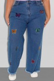 Dark Blue Casual Butterfly Embroidered High Waist Regular Wide Leg Baggy Denim Jeans