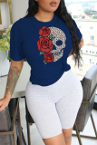 T-shirts à col rond en patchwork de crâne imprimé décontracté bleu marine