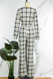 Kaki casual werk elegante geruite frenulum print V-hals losse jumpsuits (met riem)
