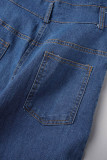 Macacão jeans azul sexy casual sólido patchwork sem costas sem alças sem mangas cintura alta