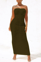 Army Green Sexy Solid Fold Strapless Pencil Skirt Dresses