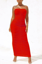 Red Sexy Solid Fold Strapless Pencil Skirt Dresses