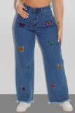 Dark Blue Casual Butterfly Embroidered High Waist Regular Wide Leg Baggy Denim Jeans