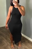 Черное сексуальное сплошное лоскутное прозрачное длинное платье с круглым вырезом и разрезом Платья