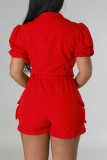 Красный сексуальный однотонный лоскутный отложной воротник с короткими рукавами из двух предметов