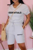 Cream White Casual Letter Print Basic O Neck Short Sleeve Two Pieces
