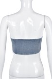 Blue Sexy Solid Backless Asymmetrical Strapless Sleeveless Denim Tops